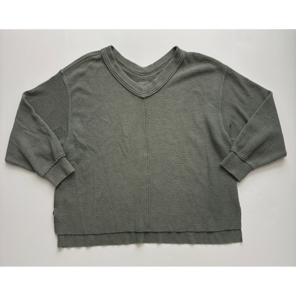 Aerie Women M Sage Green Oversized Waffle Knit Crewneck Pullover